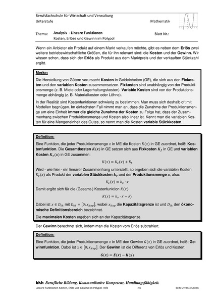 Datei:Lineare Funktionen-Kosten, Erlös und Gewinn im Polypol- Info.pdf