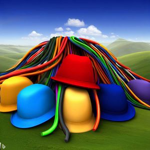 man sieht hier farbige Hüte auf einem Berg von Kabeln