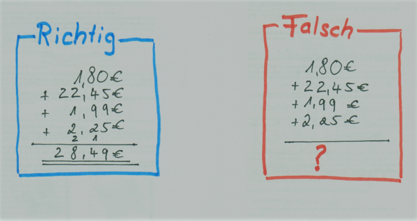 Beispiel zum schriftlichen Addieren mit Kommazahlen